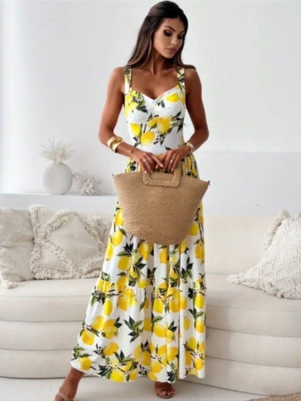 Lemon Print Maxi Dress White Yellow Smocked Back Sundress